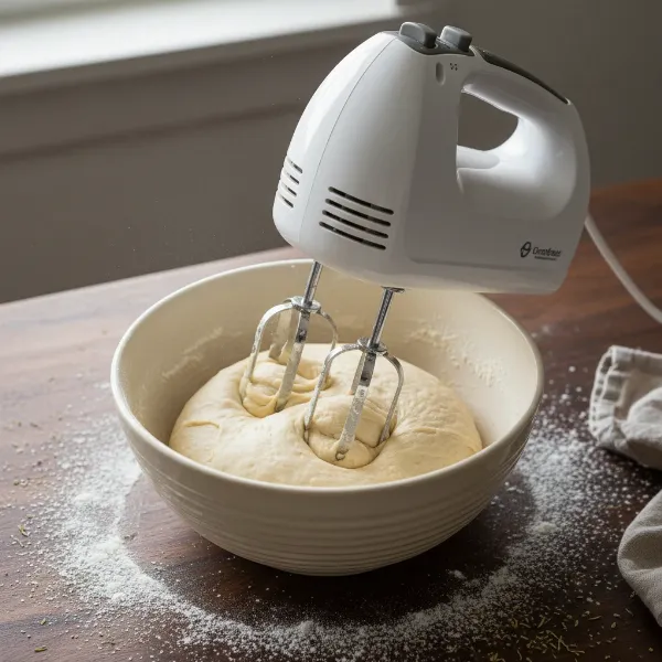 Hand mixer with C-shaped dough hook kneading light pizza dough in a bowl, developing gluten.