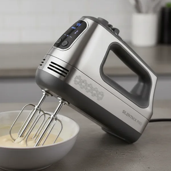 Hand mixer showcasing quiet features like slow start, digital controls, and durable design.