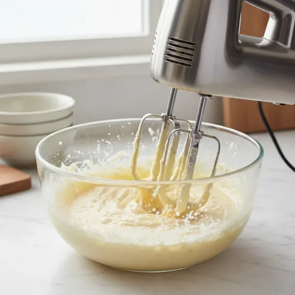 Close-up of hand mixer with flat beaters creaming butter and sugar in a bowl.