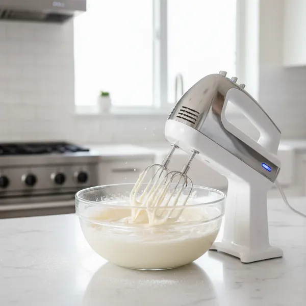 Close-up of a hand mixer whisking creamy white frosting in a glass bowl.