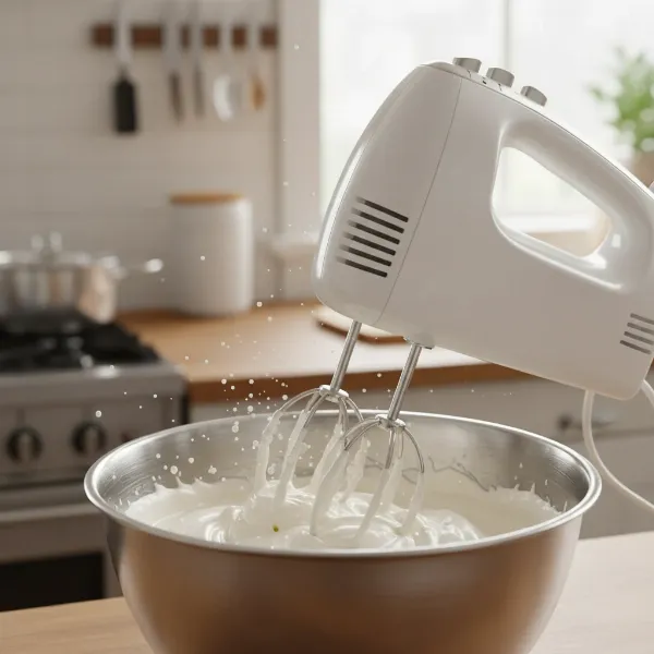 Hand mixer on high speed whipping heavy cream to form soft peaks in a bowl.