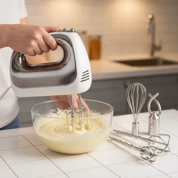 A person using a hand mixer to blend ingredients, with different attachments visible nearby.