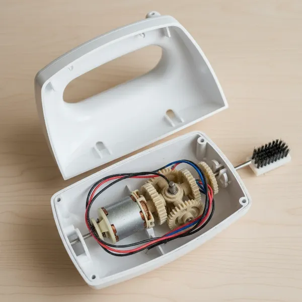 Opened hand mixer casing revealing motor, wires, and gear assembly for deep cleaning.