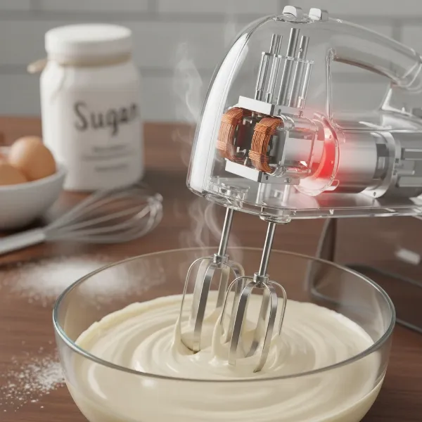 Close-up of a hand mixer's internal motor and beaters, illustrating heat generation during operation.