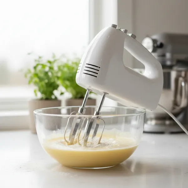 Hand mixer on low speed gently blending dry ingredients into a wet batter.