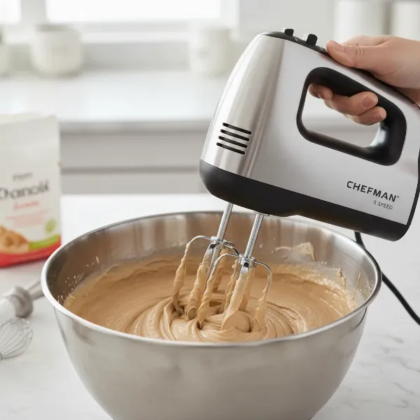 Chefman hand mixer efficiently blending light brown cake batter in a stainless steel bowl.