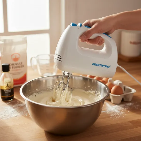 Hand holding a Brentwood mixer, whipping light cream or mixing cake batter in a bowl.
