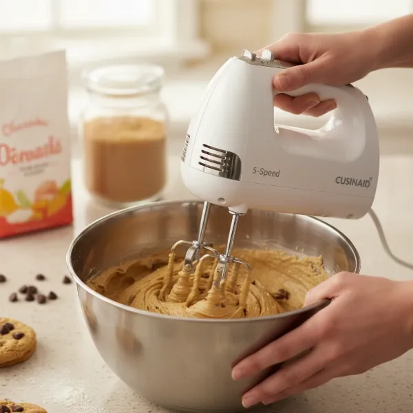 Cusinaid hand mixer effectively mixing thick cookie dough in a stainless steel bowl.