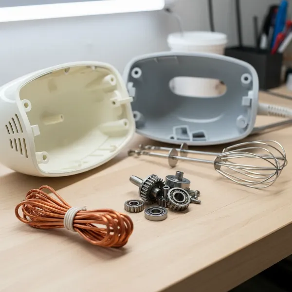 Separated components like copper wire, steel, and plastic from a recycled hand mixer, highlighting material recovery.