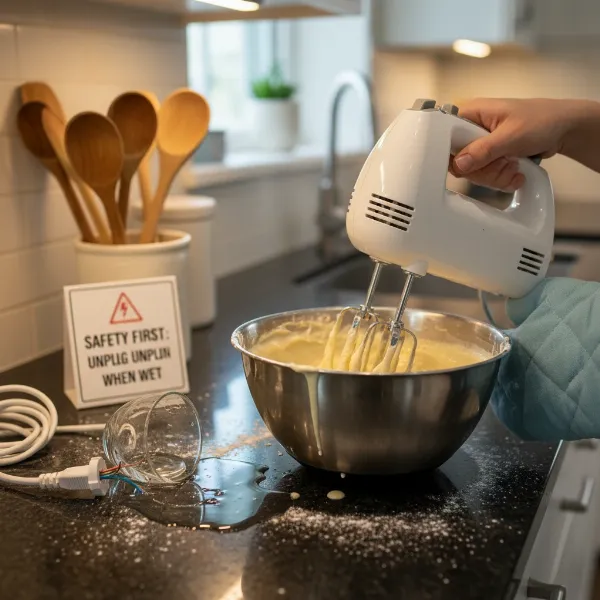 Hand mixer operating safely in a kitchen environment, highlighting both benefits and potential electrical risks.