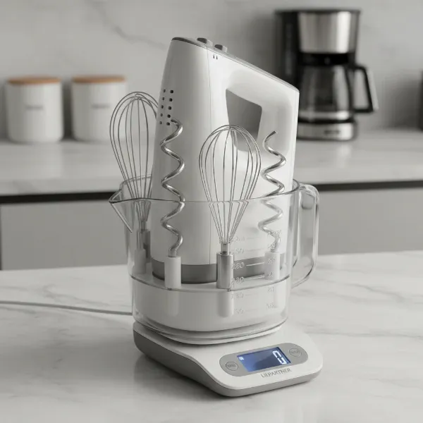 LILPARTNER hand mixer with its scale cup storage case and attachments organized.