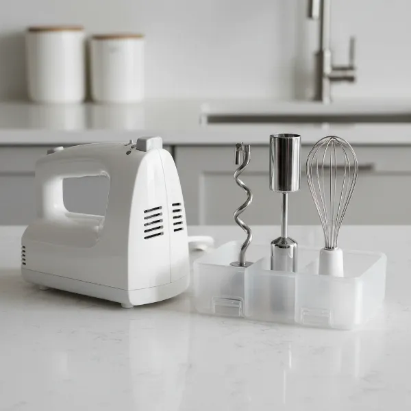 A hand mixer and its attachments neatly organized within a compact snap-on storage case.