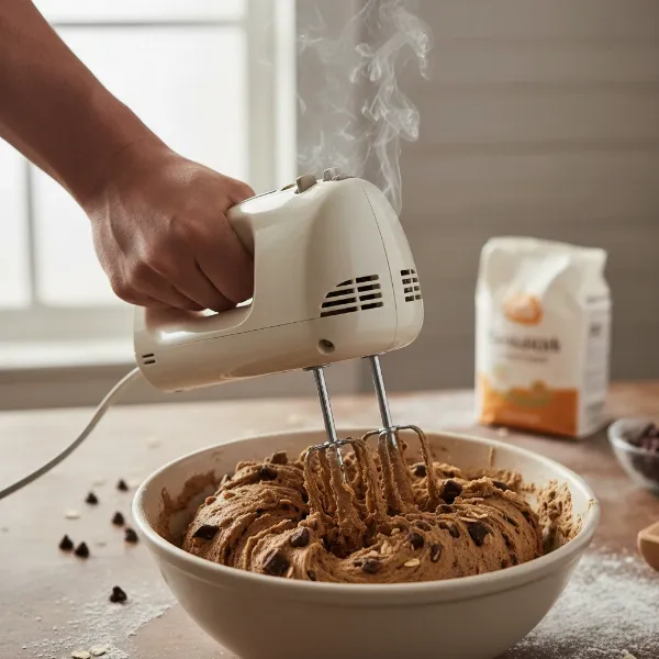 Hand mixer struggling to mix thick cookie dough, smoke subtly rising from motor