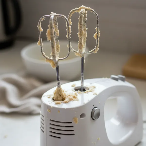 A close-up of a hand mixer with beaters stuck, showing food debris around the eject mechanism.