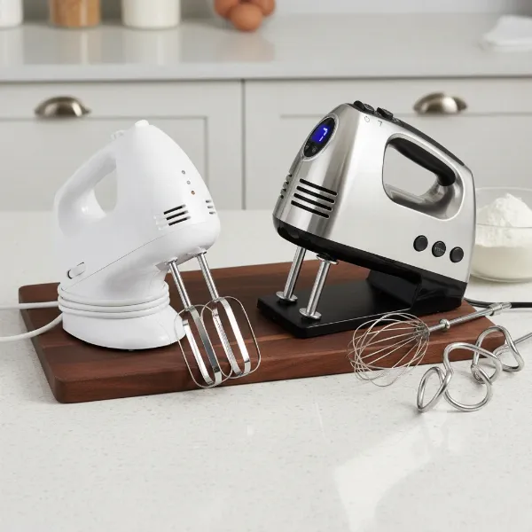 different types of hand mixers showing various designs and attachments