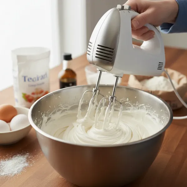 Hand mixer whipping heavy cream in a stainless steel bowl for baking, creating fluffy peaks.