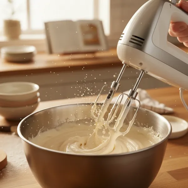 Electric hand mixer whipping cream in a stainless steel bowl, showing smooth texture
