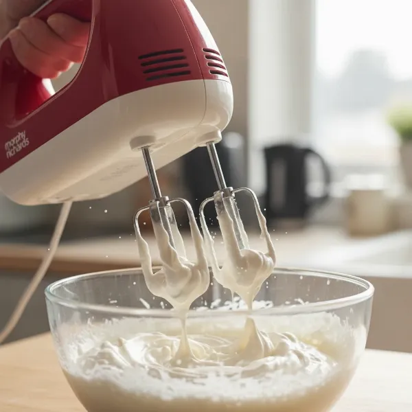 Hand mixer whipping cream in a bowl, showing light and airy results.