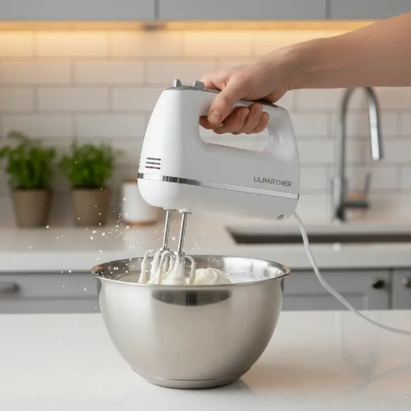LILPARTNER hand mixer efficiently whipping cream in a stainless steel bowl.