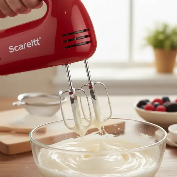 Hand mixer whipping cream in a bowl, creating fluffy peaks for dessert