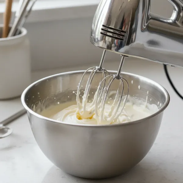 Hand mixer whipping heavy cream in a cold bowl, transforming liquid to fluffy peaks
