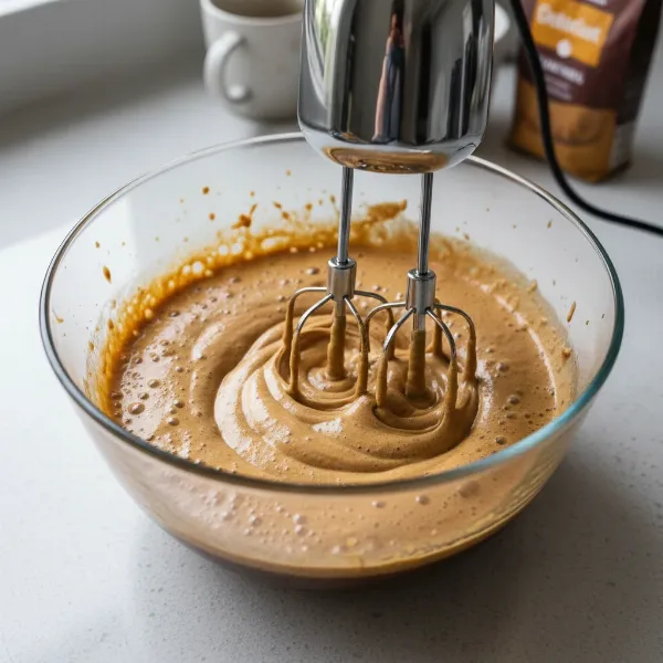 Close-up of electric hand mixer creating fluffy dalgona coffee foam in a deep bowl.