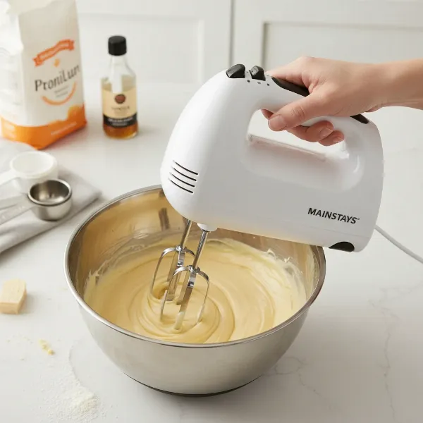 A hand mixer in action, whisking light yellow cake batter in a stainless steel bowl.