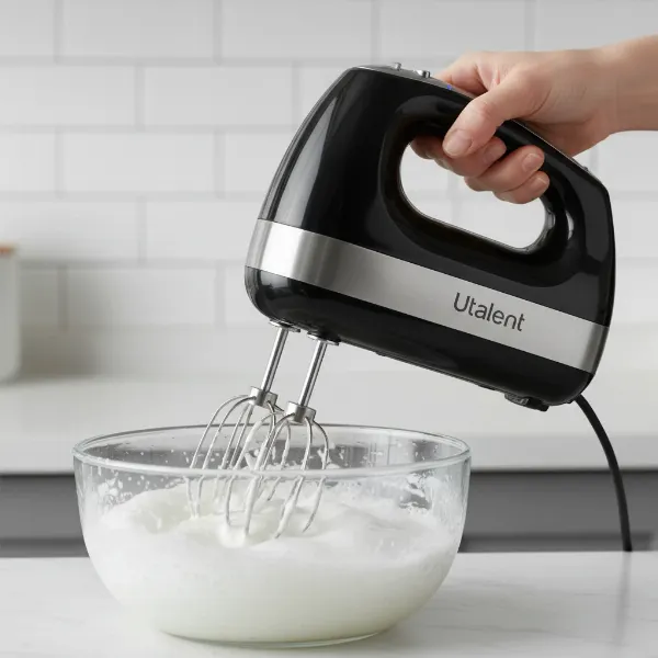Utalent hand mixer whisk attachment whipping egg whites in a glass bowl.