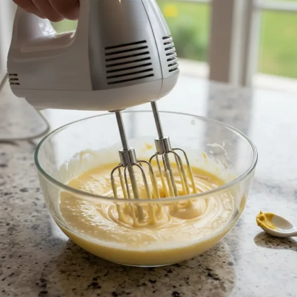 A close-up of a hand mixer whisking egg yolk, lemon juice, and Dijon mustard in a glass bowl.