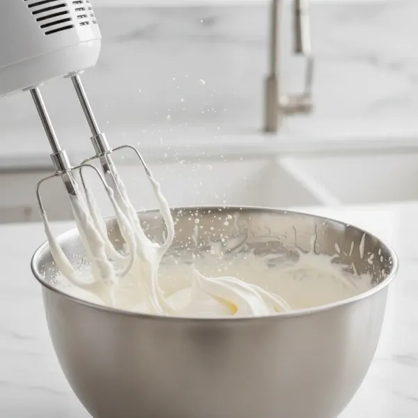 Hand mixer with balloon-shaped wire beaters whipping heavy cream to stiff peaks.