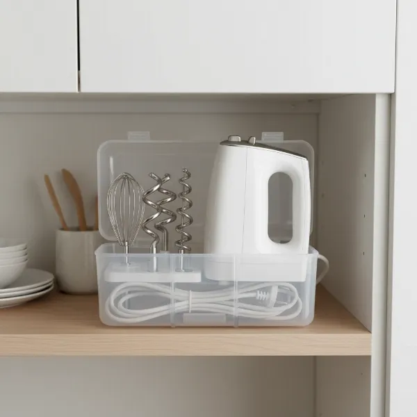 Hand mixer with a snap-on storage case holding beaters, whisks, and cord neatly.