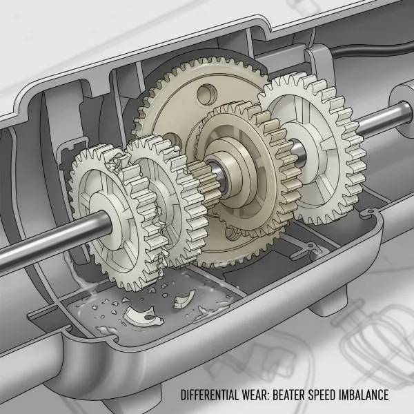 Close-up of hand mixer internal gears, showing visible wear and stripped teeth causing slow beater.