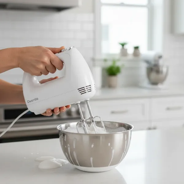 Home baker using a white hand mixer to whip eggs in a stainless steel bowl.