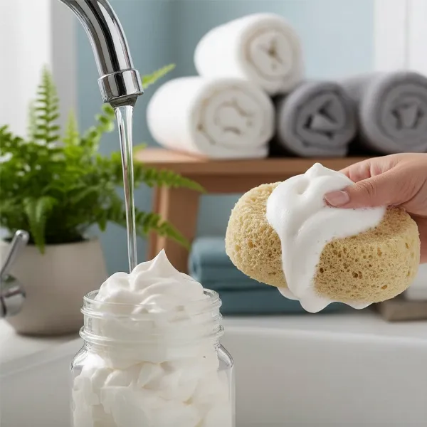 Beautiful homemade whipped soap with a rich lather, stored in an elegant glass jar, ready for use.