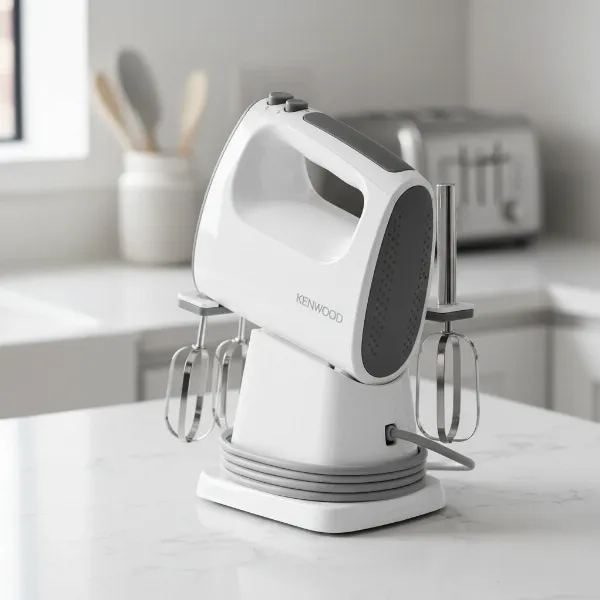Kenwood HM620 hand mixer on its integrated stand with attachments, showcasing compact storage.