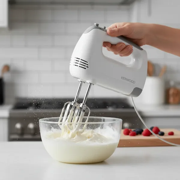 Kenwood HM620 hand mixer whipping cream in a bowl, demonstrating its kitchen performance.