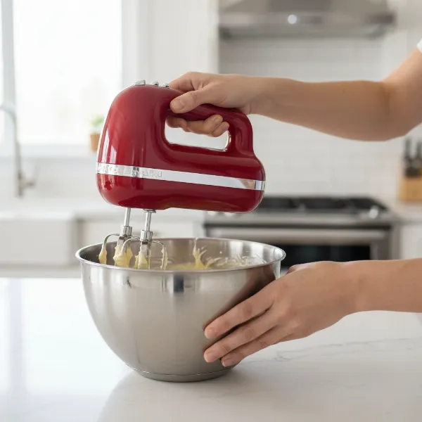 KitchenAid 5-speed hand mixer whipping batter in a bowl, showing its ergonomic design and simplicity.