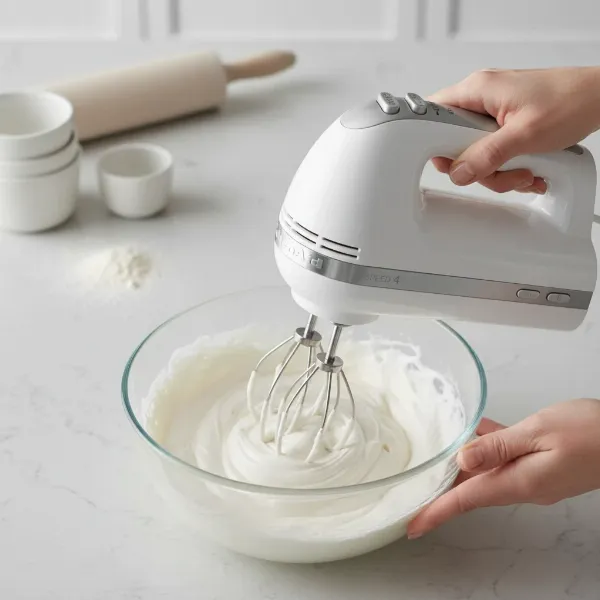 KitchenAid 7-speed hand mixer with digital display, mixing delicate cream, emphasizing precision.