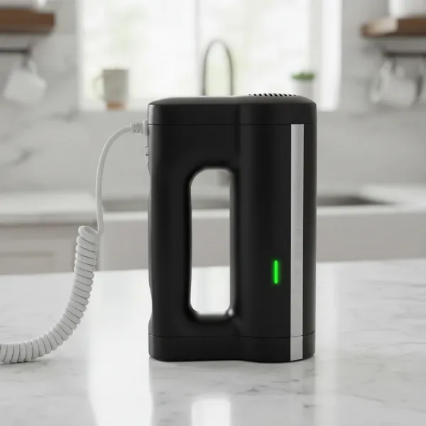 KitchenAid cordless hand mixer connected to its charger, with a green battery indicator light