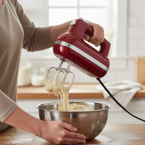 KitchenAid 9-Speed Hand Mixer with dough hooks actively mixing bread dough in a stainless steel bowl.