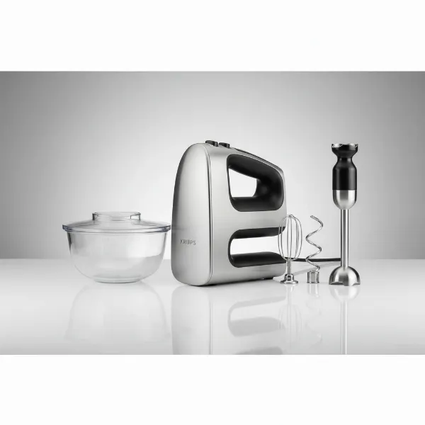 Krups 3-Mix 9000 Deluxe hand mixer with all included accessories displayed neatly.