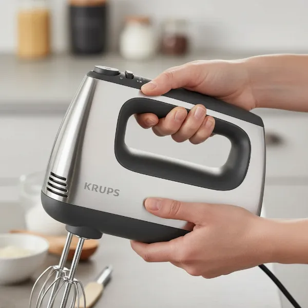 A hand holding the Krups 3-Mix 9000 Deluxe, demonstrating its ergonomic grip and accessible controls.