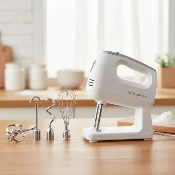 Lord Eagle 400W electric hand mixer with beaters, dough hooks, and whisk attachments.