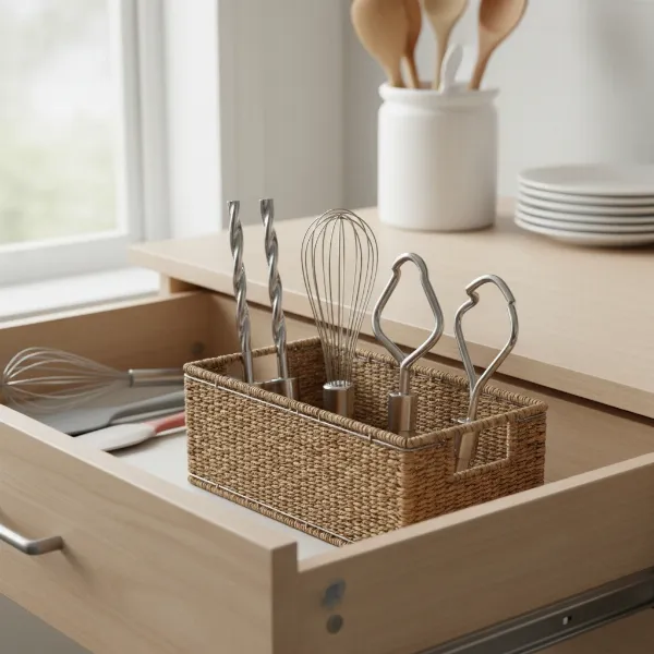 Hand mixer attachments, beaters and whisks, neatly stored in a stylish kitchen basket inside a drawer.