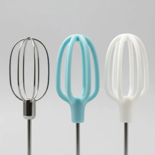 Different types of hand mixer beaters including metal, silicone-coated, and nylon plastic