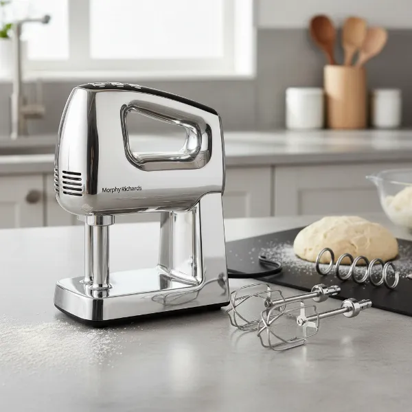 Morphy Richards Total Control Hand Mixer with stainless steel body and attachments.