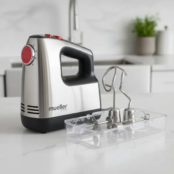 Mueller Austria electric hand mixer with its snap-on storage case and stainless steel attachments