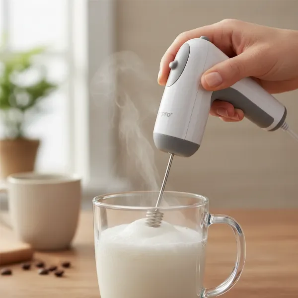 Norpro mini mixer frothing milk in a glass for a latte, demonstrating its efficiency.