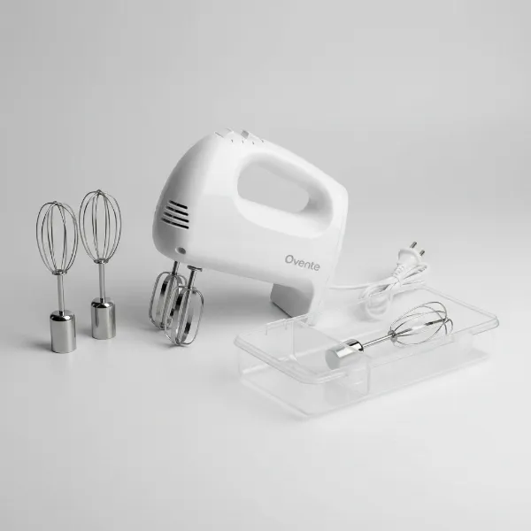 Ovente 5-Speed Hand Mixer with beaters and a clear snap-on storage case.