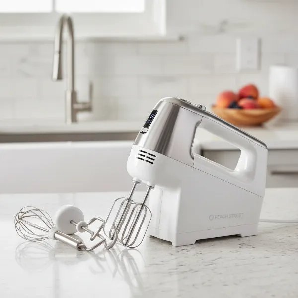 Peach Street Hand Mixer with beaters, dough hooks, and whisk on a kitchen counter.